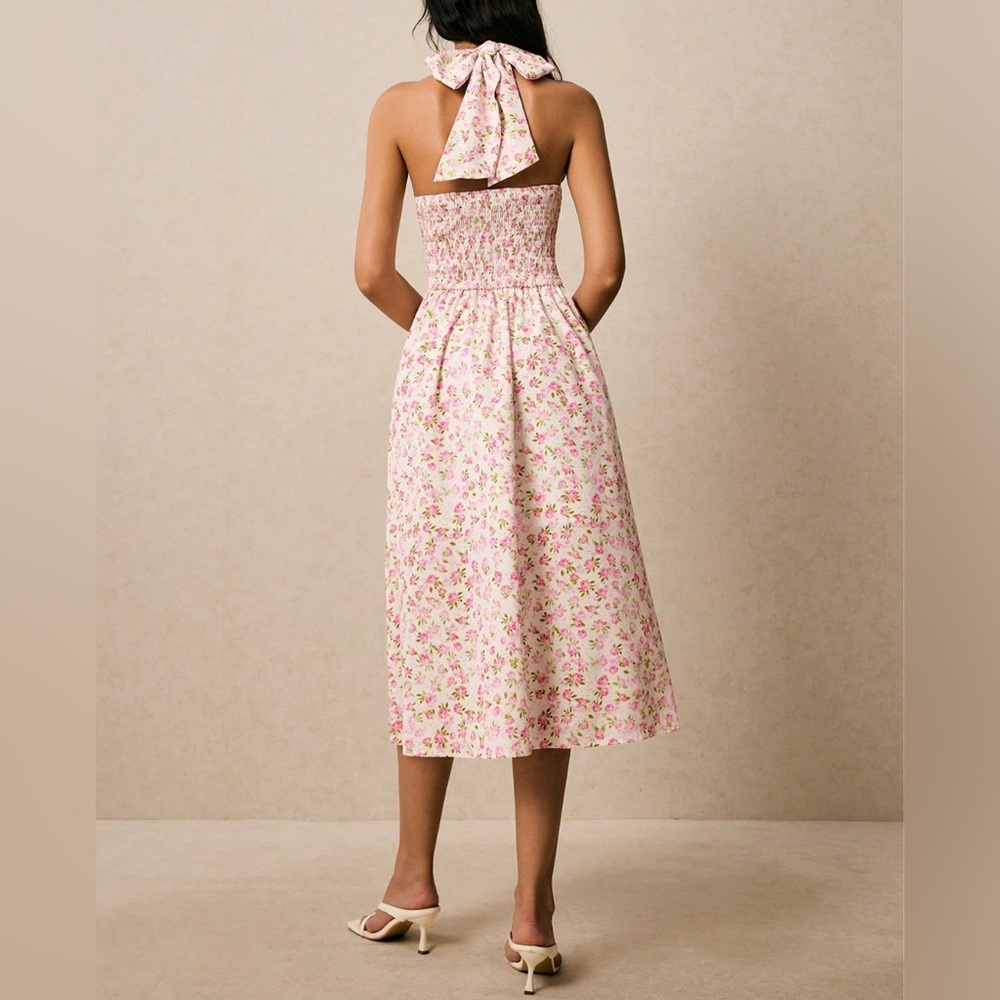 LAST ONE 🔥 White & Pink Rose Floral Halter Midi Dress - Picture 3 of 11